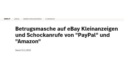Screenshot: SWR1 Internetartikel zum Thema: Betrugsmasche auf eBay Kleinanzeigen und Schockanrufe von "PayPal" und "Amazon"